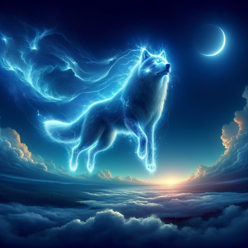 Enchanted Wolf Soars Above Ethereal Skies