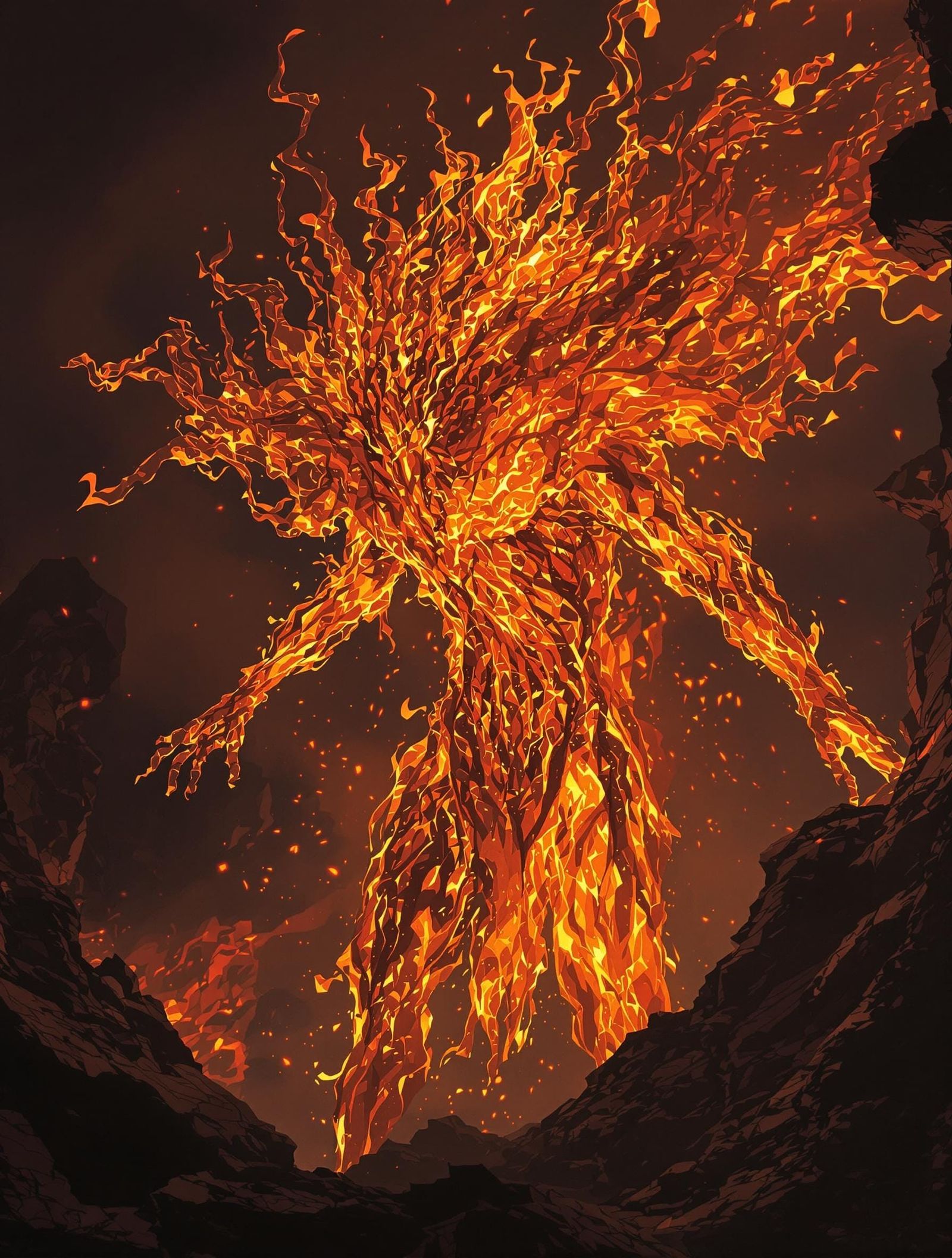 A myithical creature made of fire, it's form seemingly alive with energy intricate details, HDR, beautifully shot, hyper...