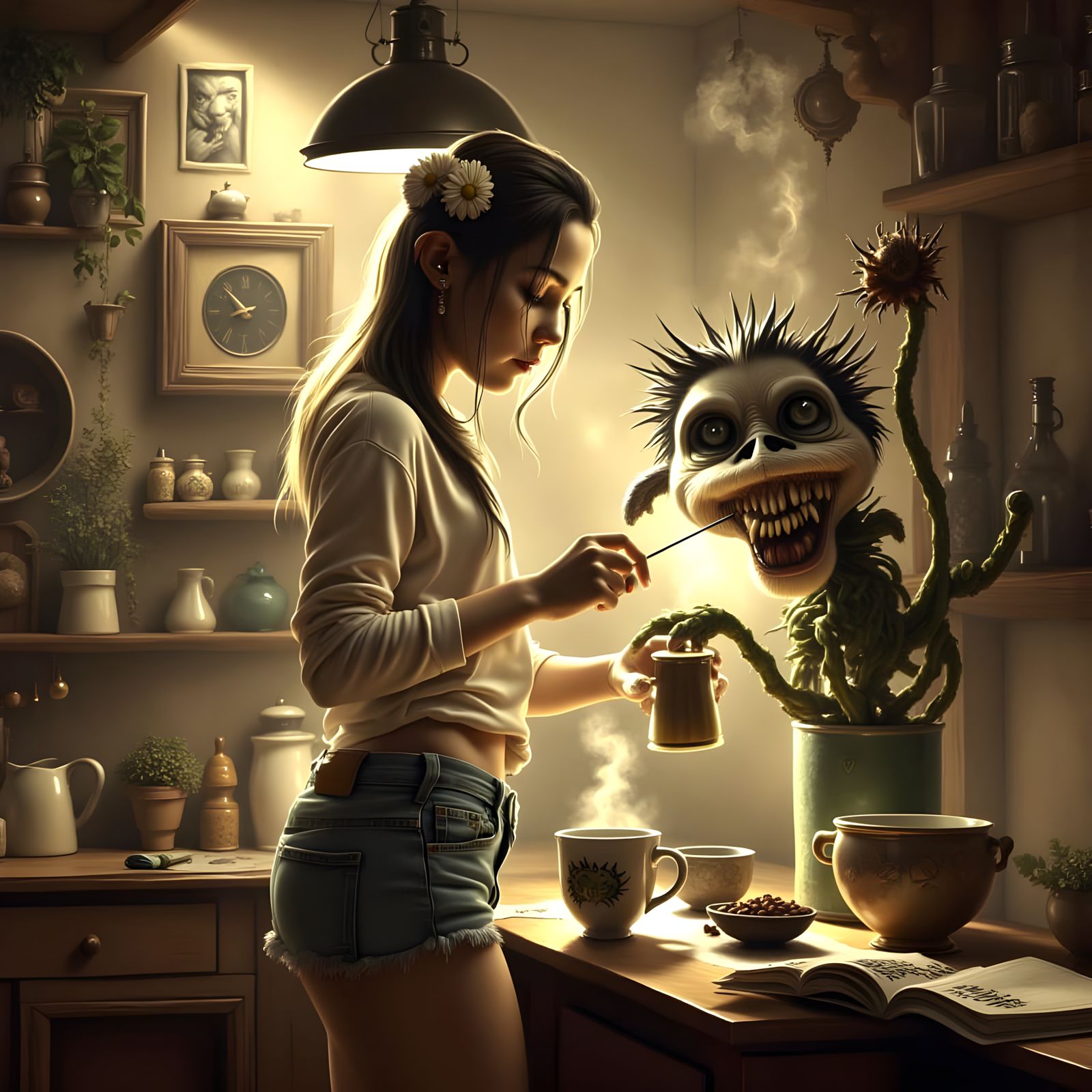 Jealous Flower Watches Woman Make Coffee