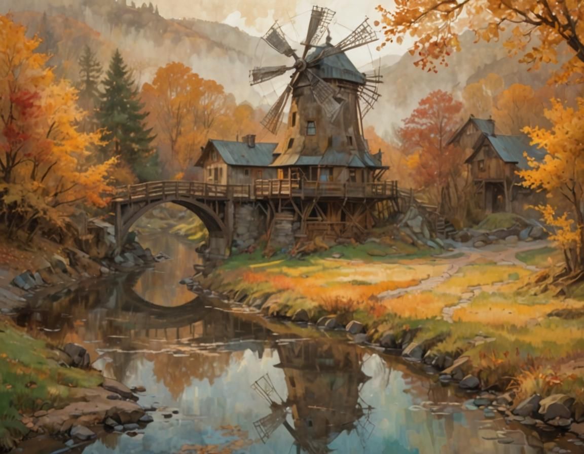 Expressionist Landscape with Windmill in Art Nouveau Style