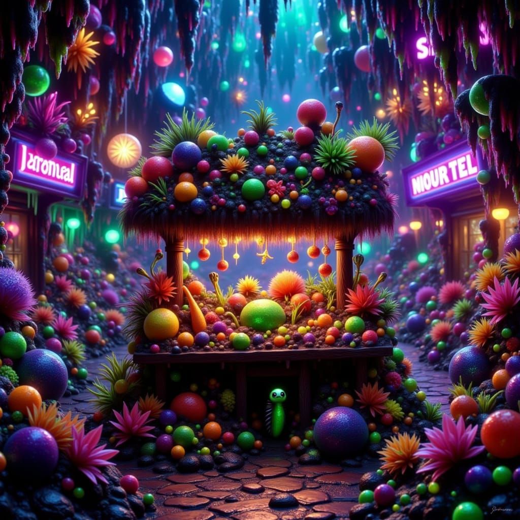 Bioluminescent Fruits in Alien Marketplace: Digital Art