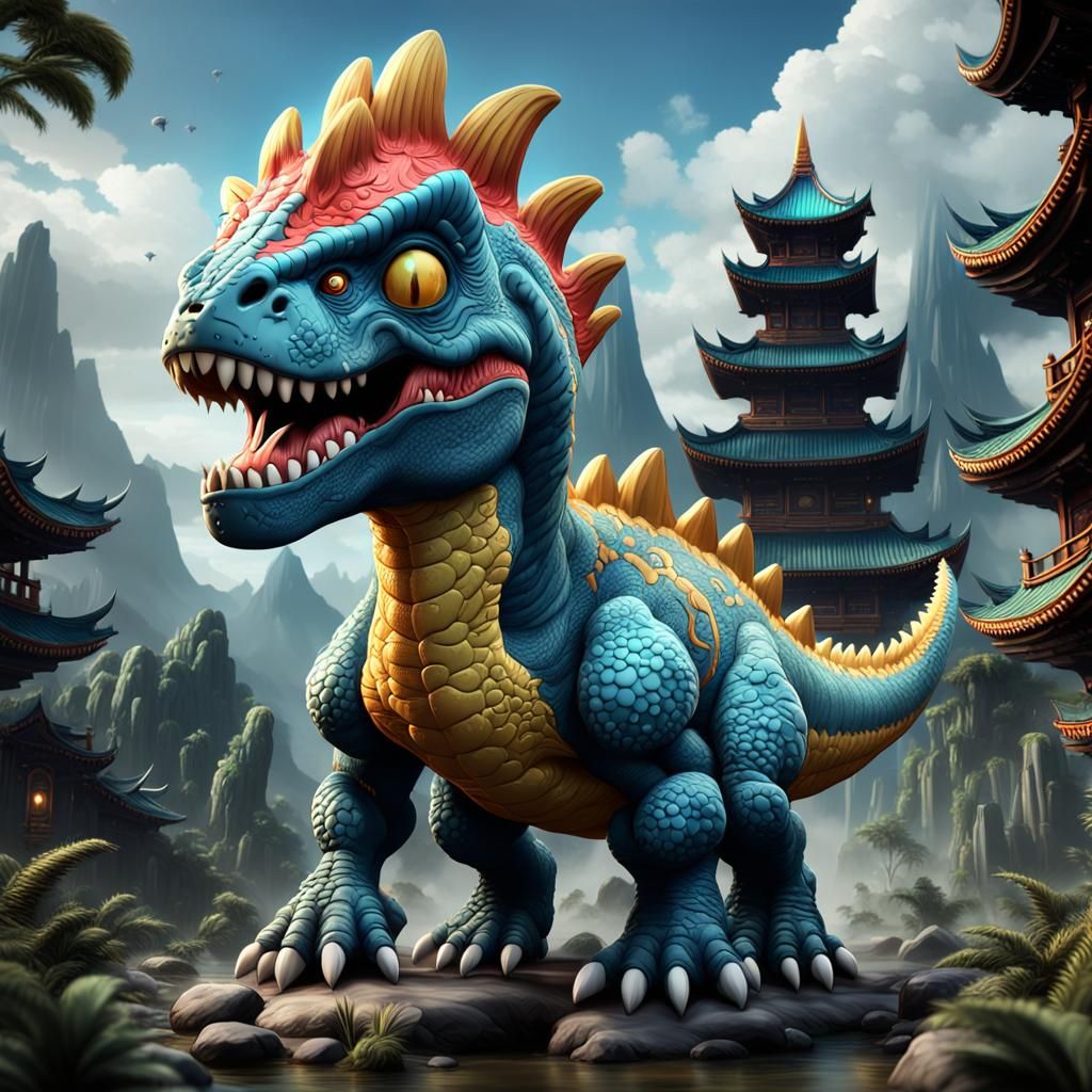 Chibi Porcelain Kaiju T-Rex: Detailed Matte Painting