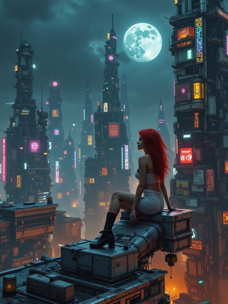 Futuristic Woman Longs for Freedom on Dystopian Rooftop