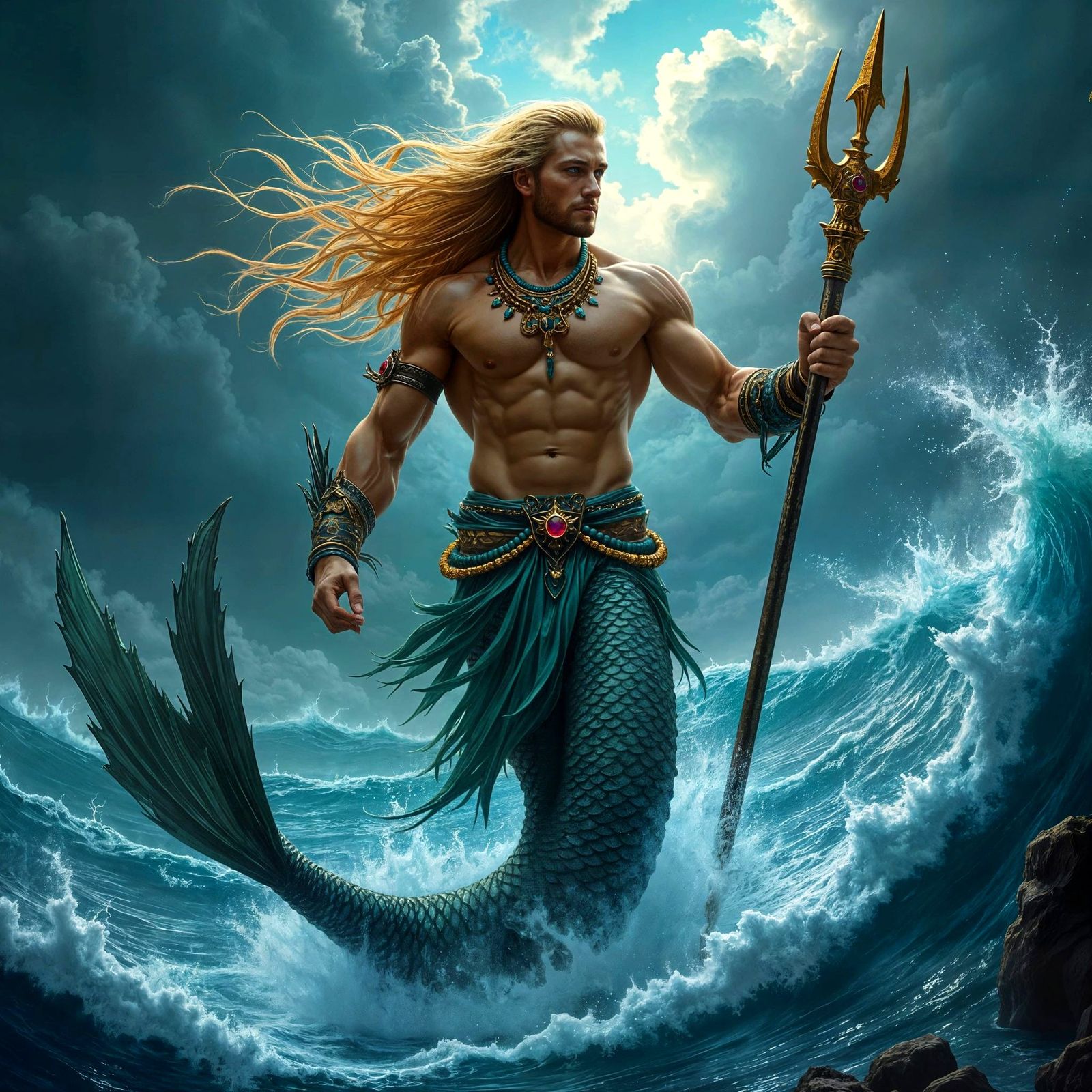 Merman Warrior Emerges from Whirlpool: Photorealistic Art