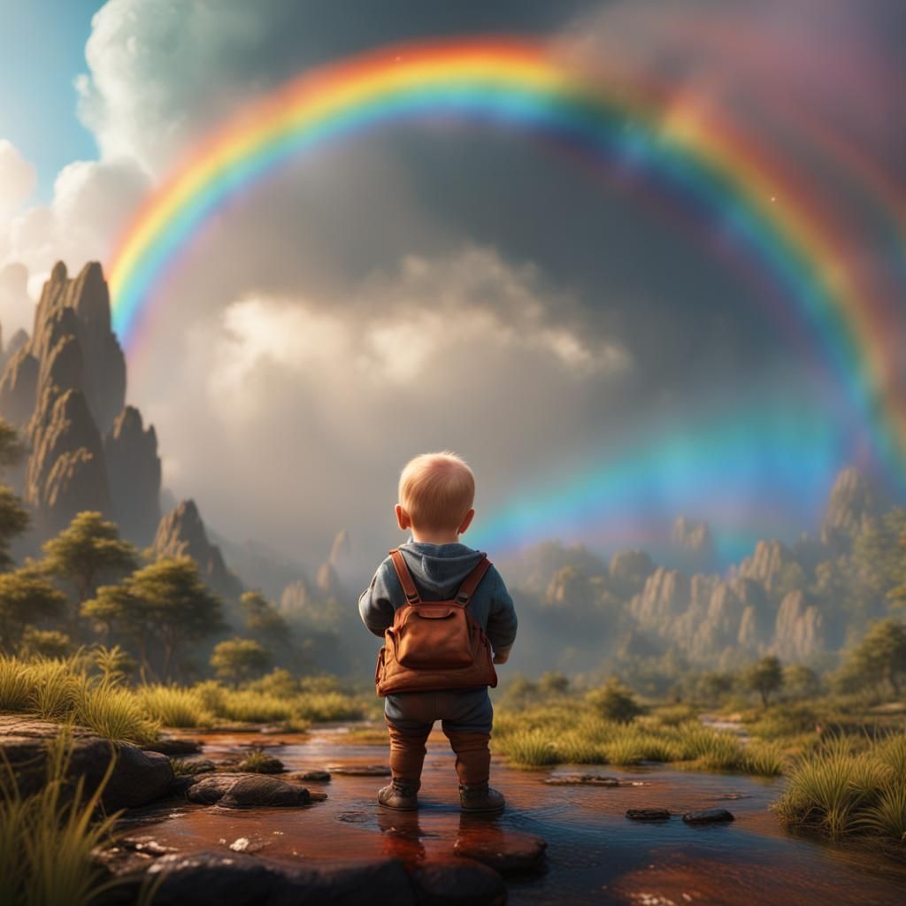 Baby Gazing at Rainbow: Fantasy Concept Art