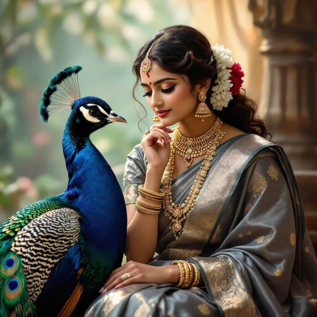 Radha with Peacock in Classic Indian Style