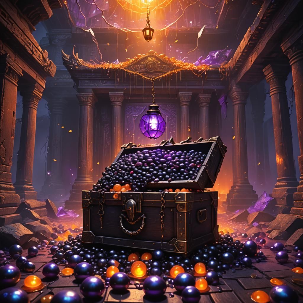 Black Pearls Overflowing in Ancient Temple: Fantasy Art