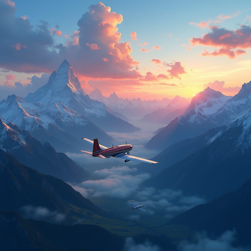 Airplane Soars Over Majestic Swiss Alps at Sunset