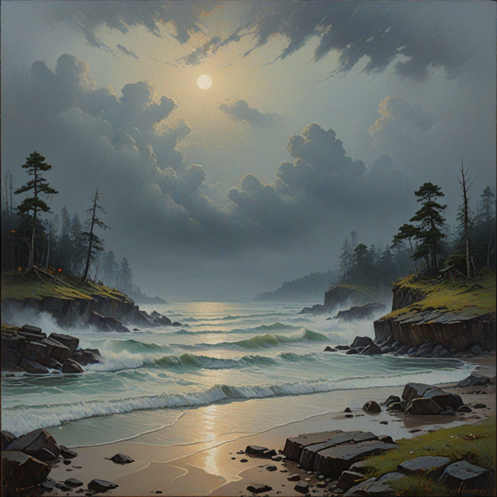 Mysterious River in a Foggy Landscape, Oil Painting