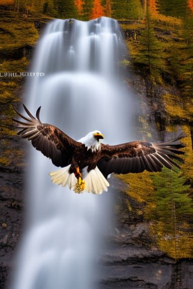 Majestic Bald Eagle Flying Over a Mountain Waterfall