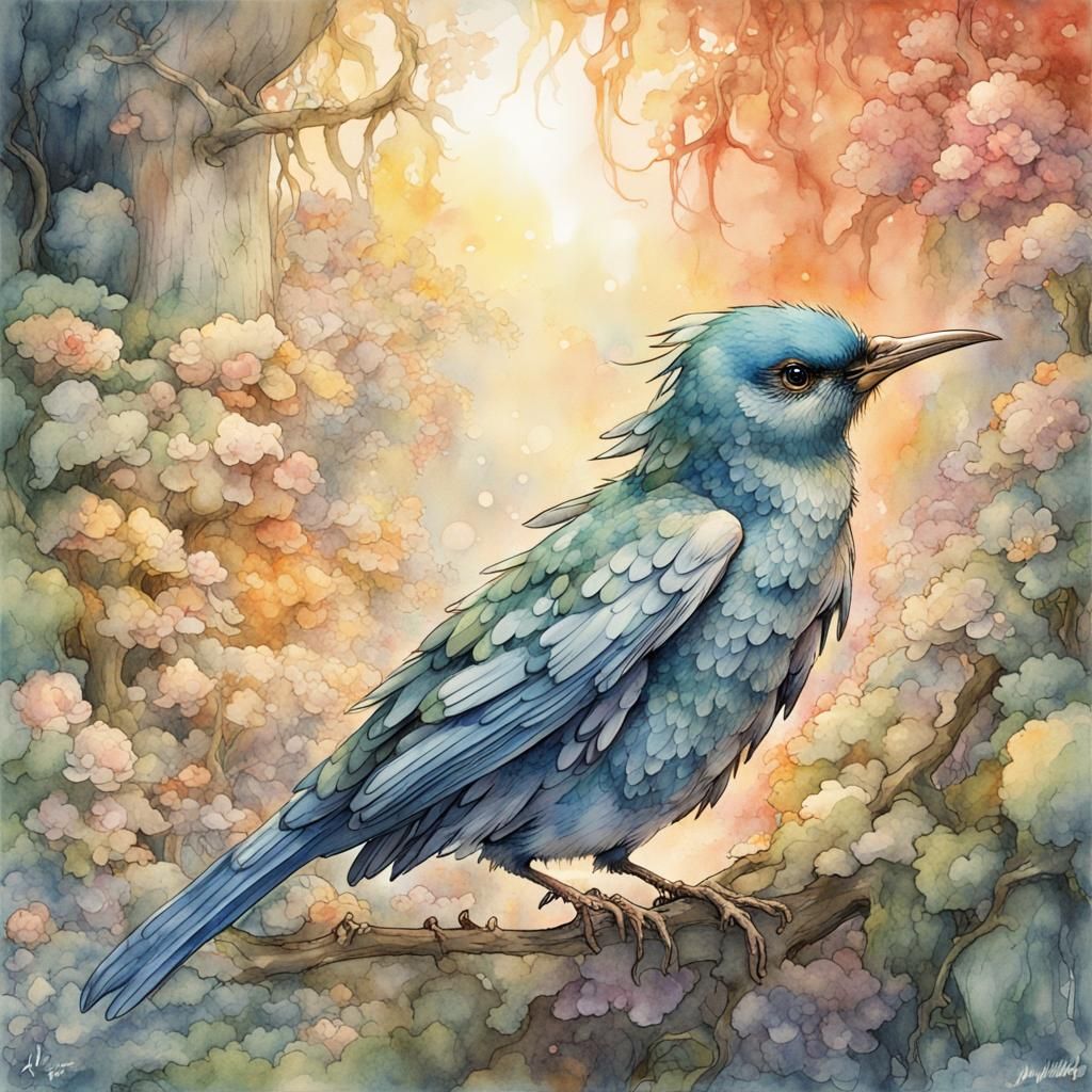 Magical Bird in Watercolors at Dawn