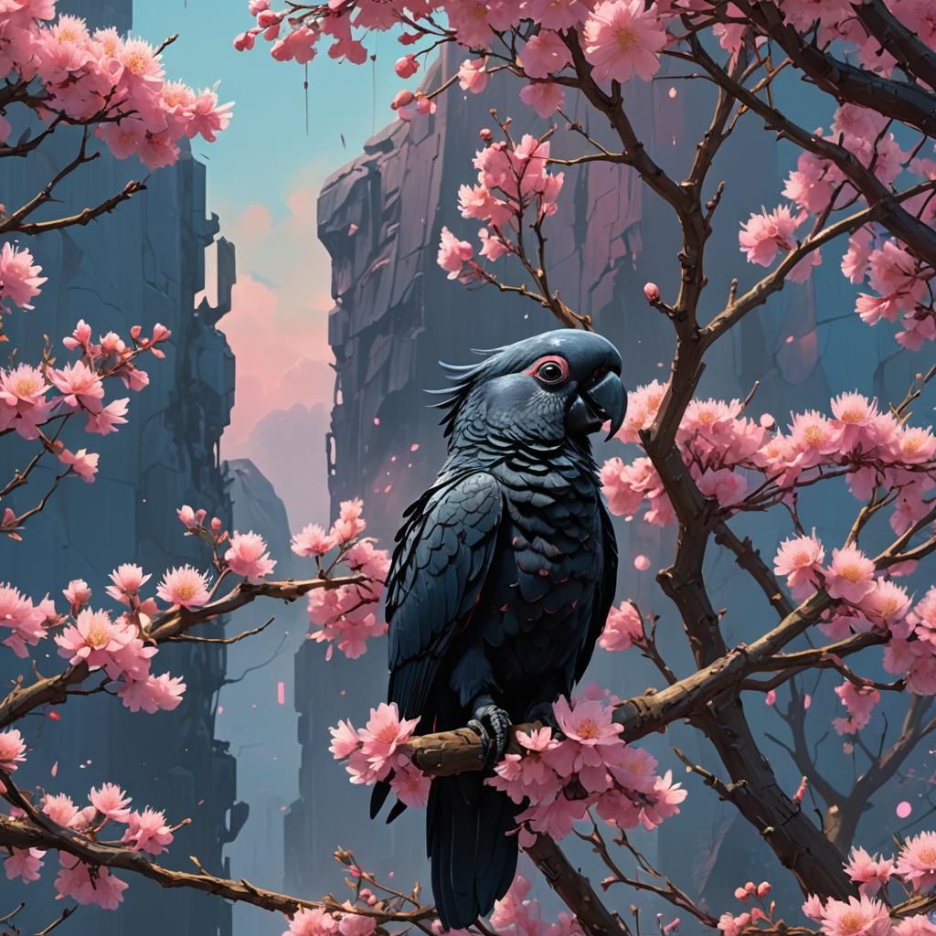Black Cockatoo with Pink Flowers, Fantasy Concept Art