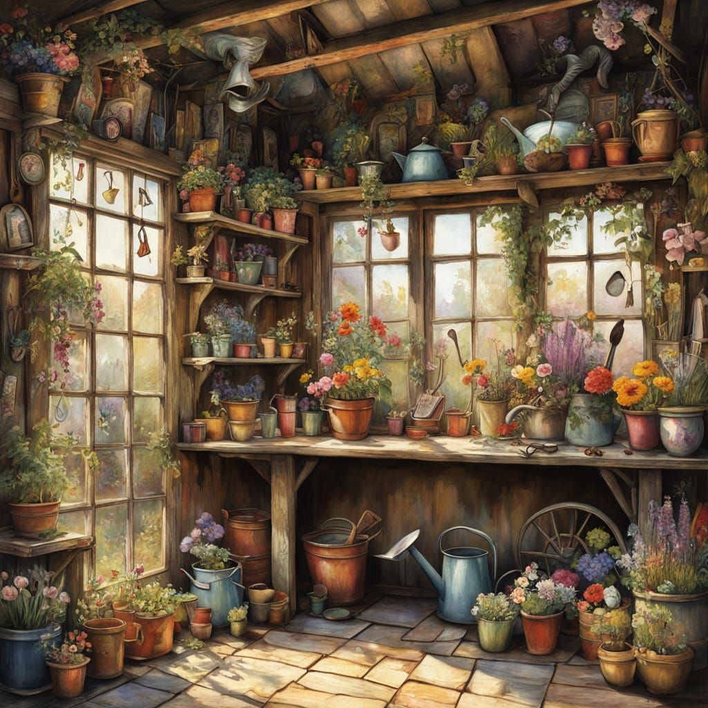 Charming Antique Garden Shed Scene in Whimsical Watercolor S...