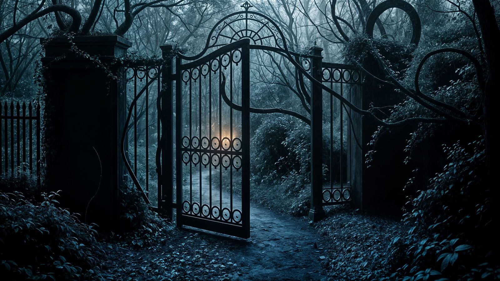 Eerie Black and White Garden with Wrought Iron Gate