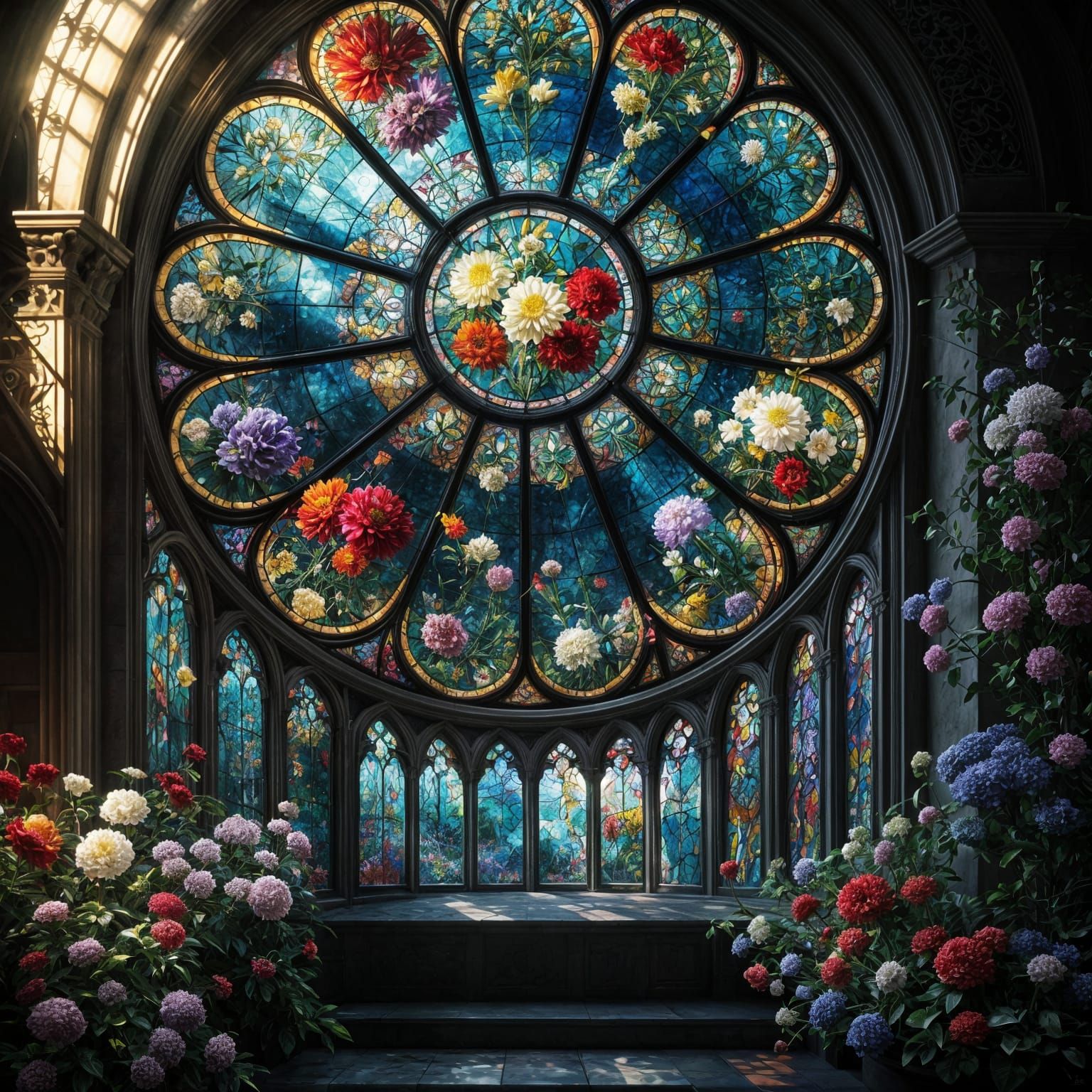 Stained Glass Window with Floral and Constellation Design