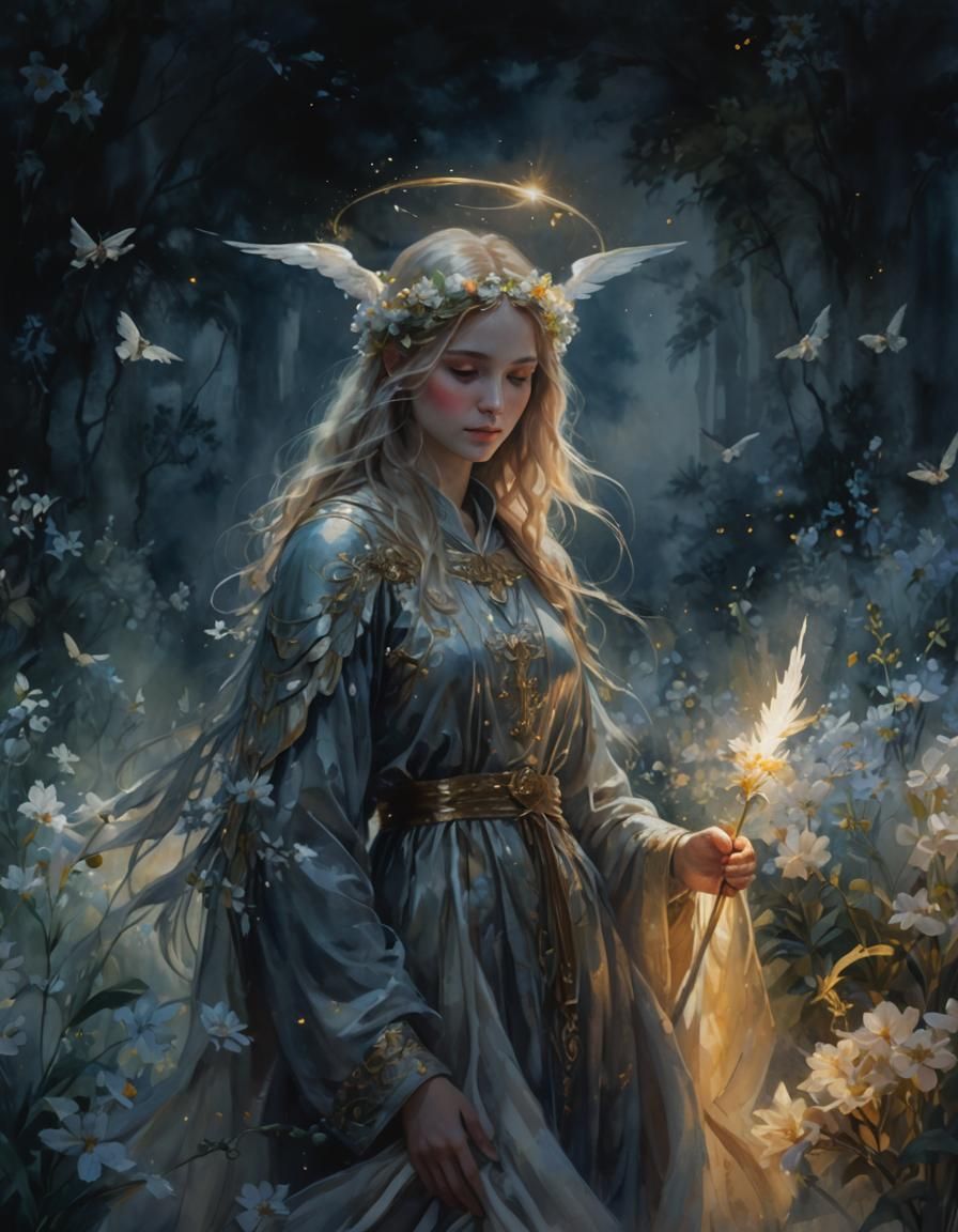 Radiant Angel in Paradise: Watercolor Dreamscape Portrait