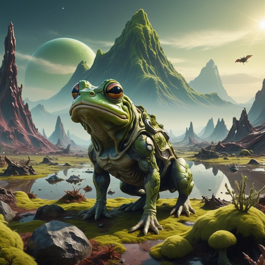 Alien Bulldog Frog Creature on Exoplanet in Surreal Style