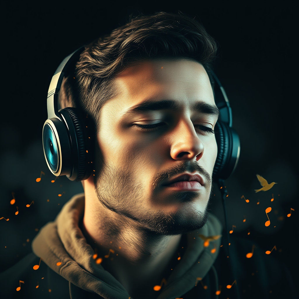 Surreal Double Exposure: Man Listening to Music