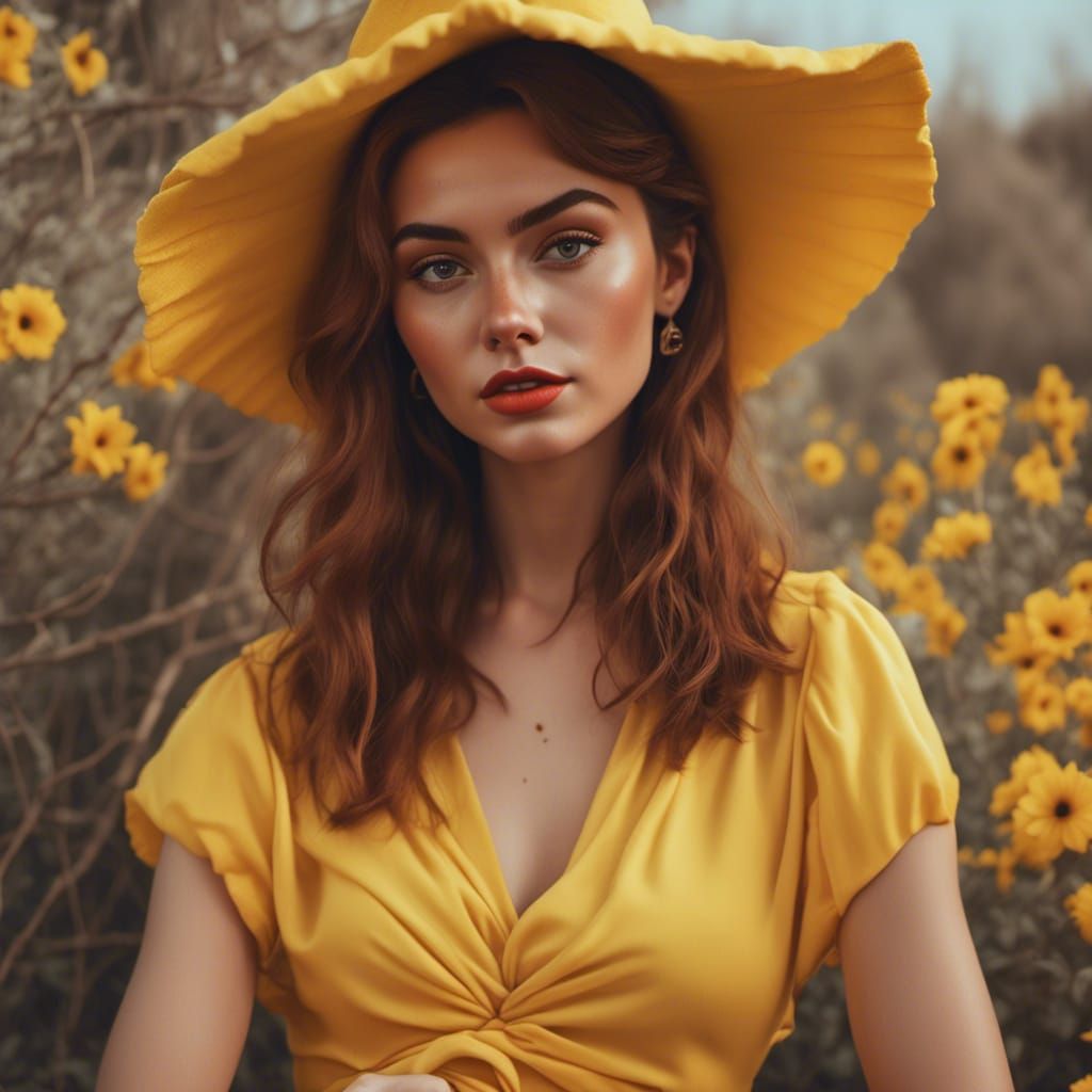 Beautiful Woman in Yellow Dress, Dreamlike Portrait