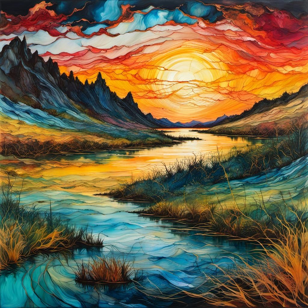Encaustic Sunset Lake in Van Gogh Style