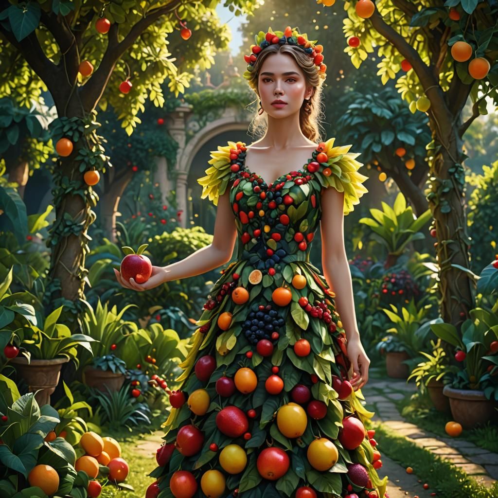Woman in Fruit Dress in a Fantasy Garden