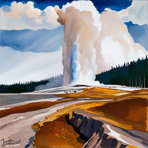 Old Faithful Yellowstone in Gouache Impressionist Style