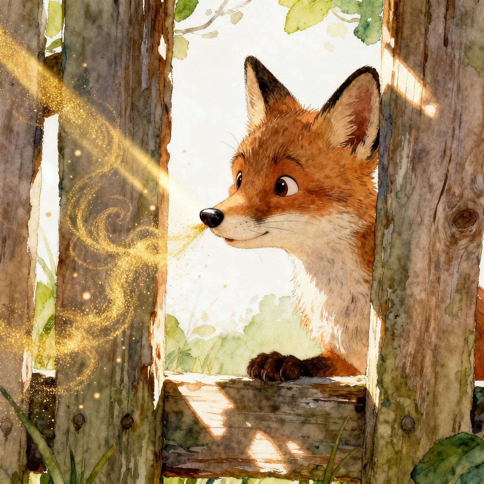 Curious Fox Cub Peeks Through Wooden Fence