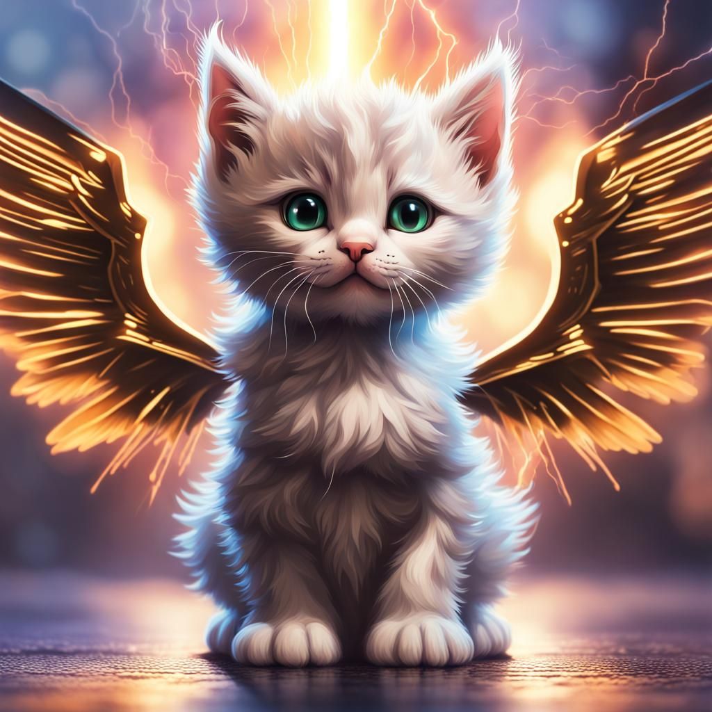 Winged Kitten in Hyperrealistic Splash Art