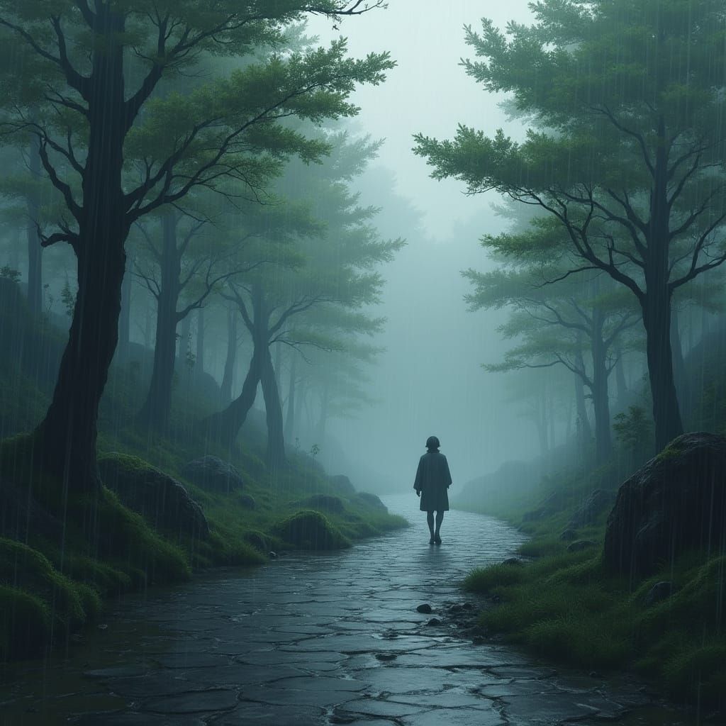 Misty Japanese Forest Path in Impressionist Style