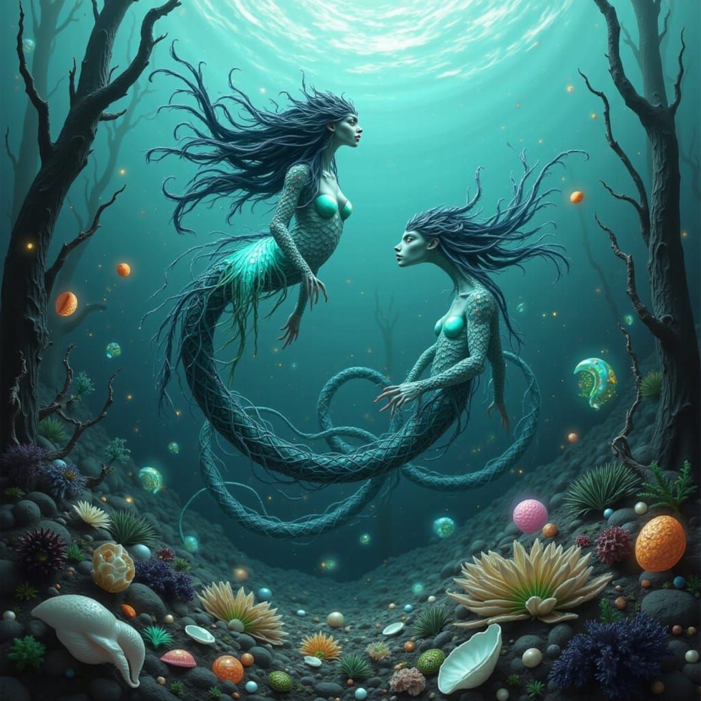 Wave Siren with Pearls and Coral in Digital Art