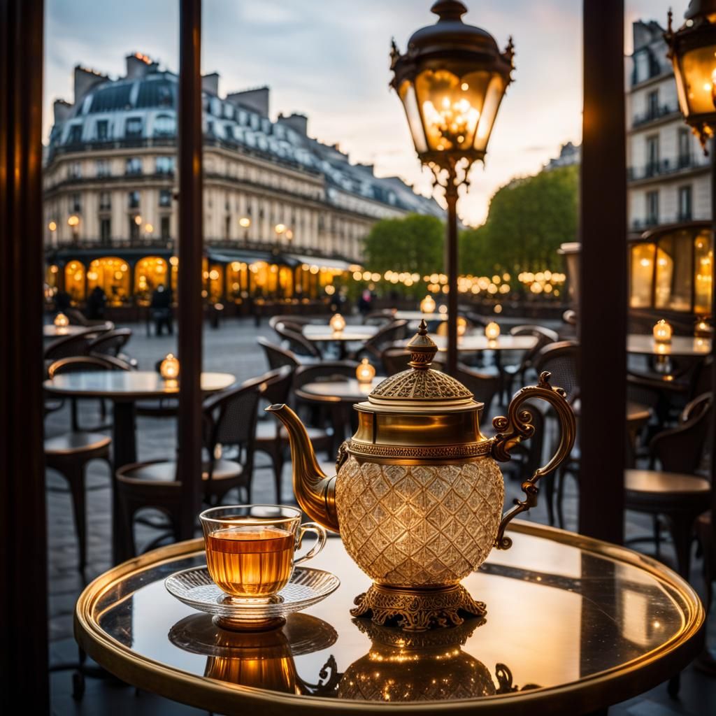Parisian Cafe Interior with Crystal Tea Set