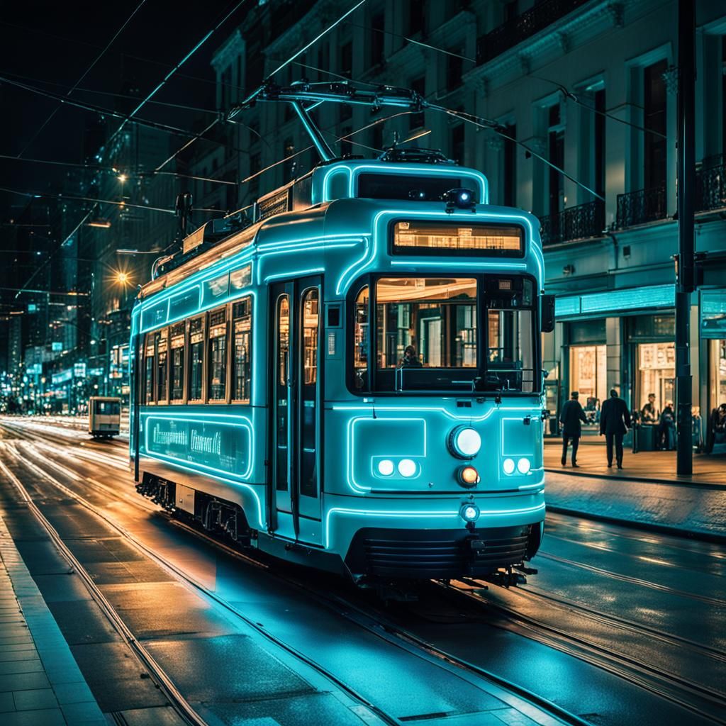 Neon Tram Rides Through the City at Night