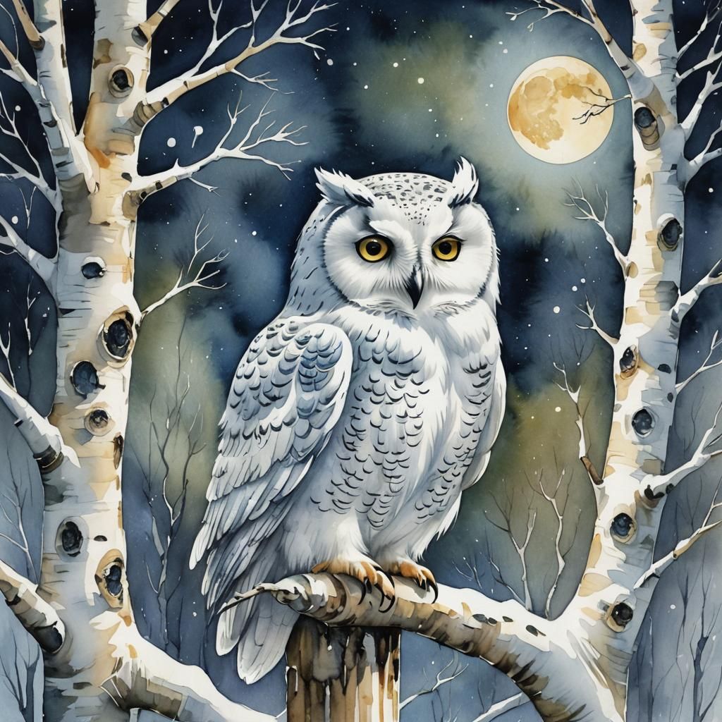 Watercolor Snow Owl Perched in Moonlight