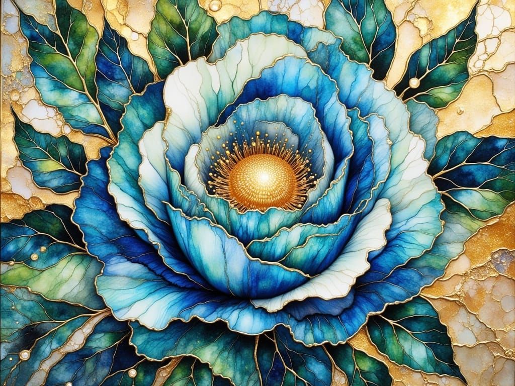 Stunning Blue Rose in Watercolor and Alcohol Ink Style