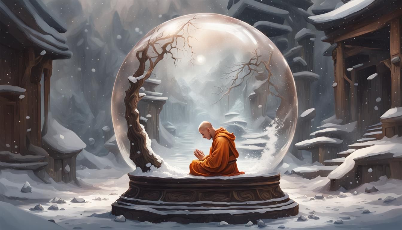 Monk Praying in Shattered Snow Globe: Hyperrealistic Art