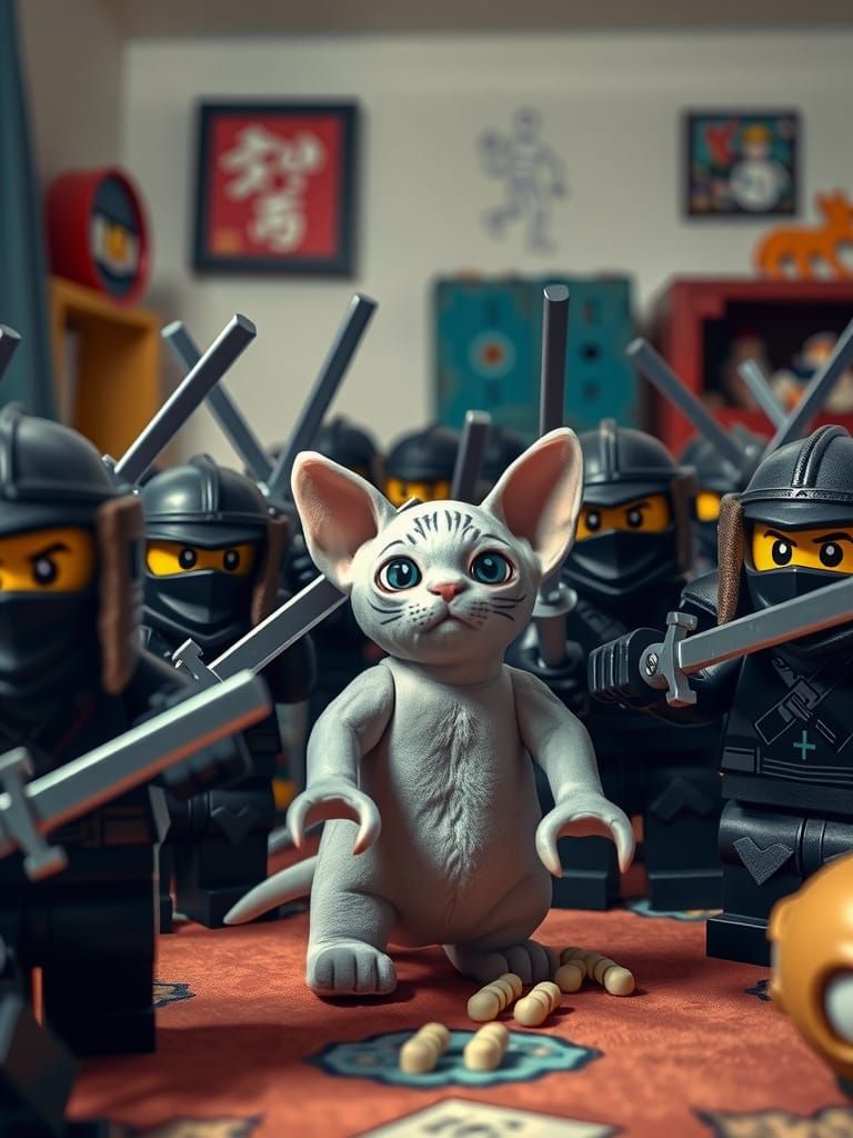 Scary LEGO Ninjas Attack Plush Cat in Kids Bedroom
