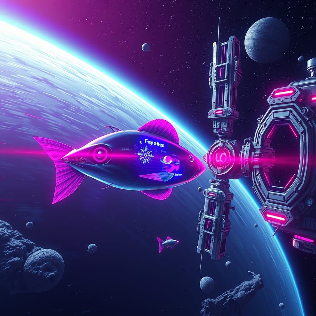 Retro Futuristic Flying Fish in Space