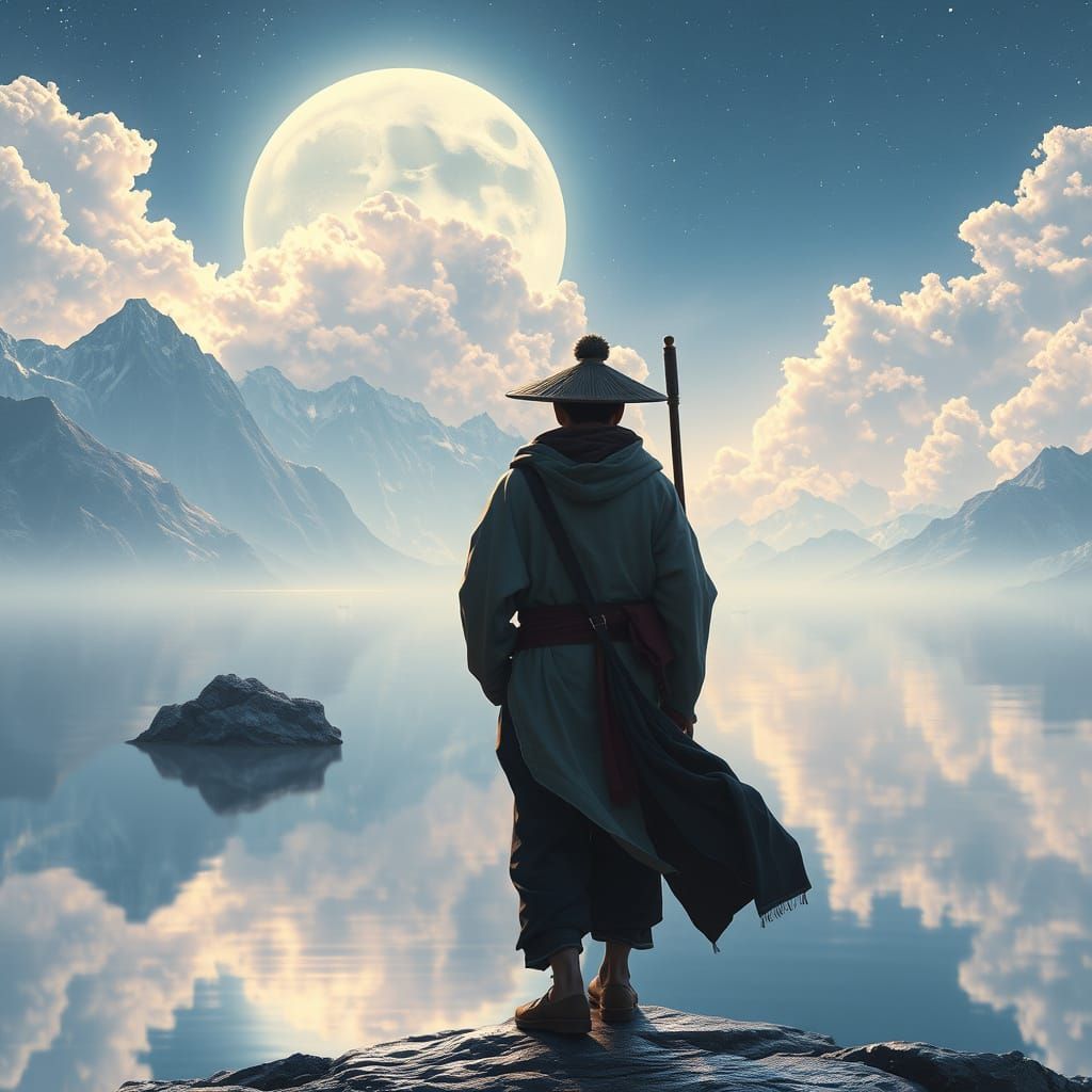 Celestial Lake: Wanderer's Dreamy Futuristic Reflection