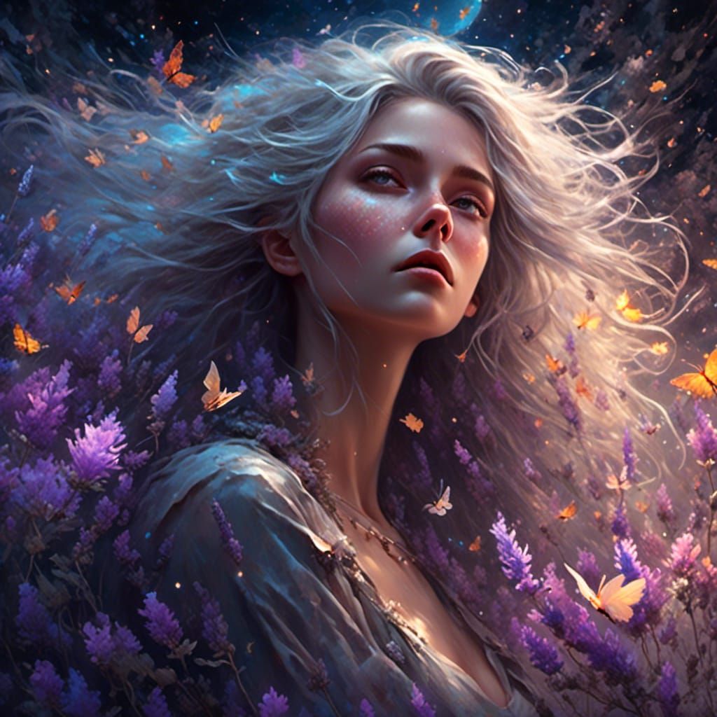 Silver Haired Woman Dancing in Starry Dreamscape