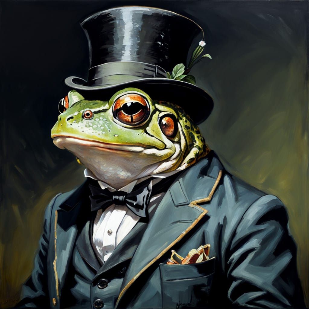 Elegant Frog in Top Hat Oil Painting