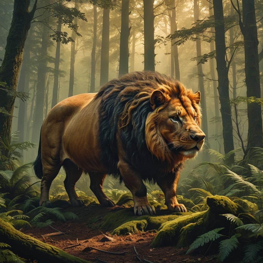 Hybrid Pig-Lion Creature in Misty Forest