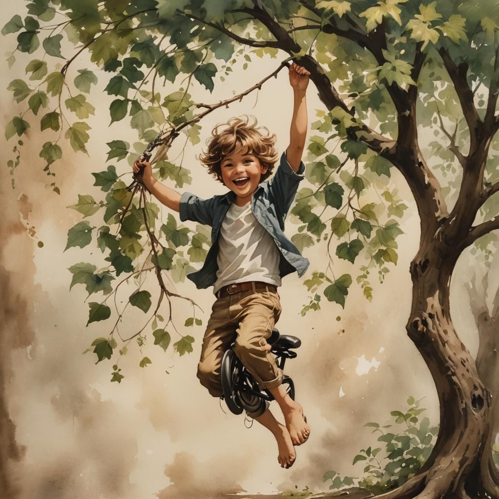 Happy Boy Playing with Puppy by a Tree