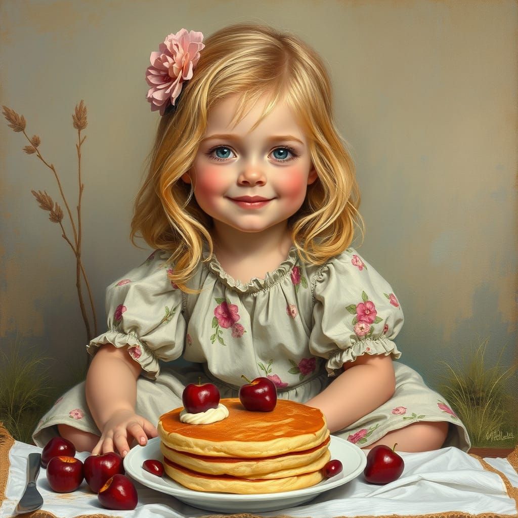 Blonde Girl with Wild Hair and Flowered Dress Smiling Malici...