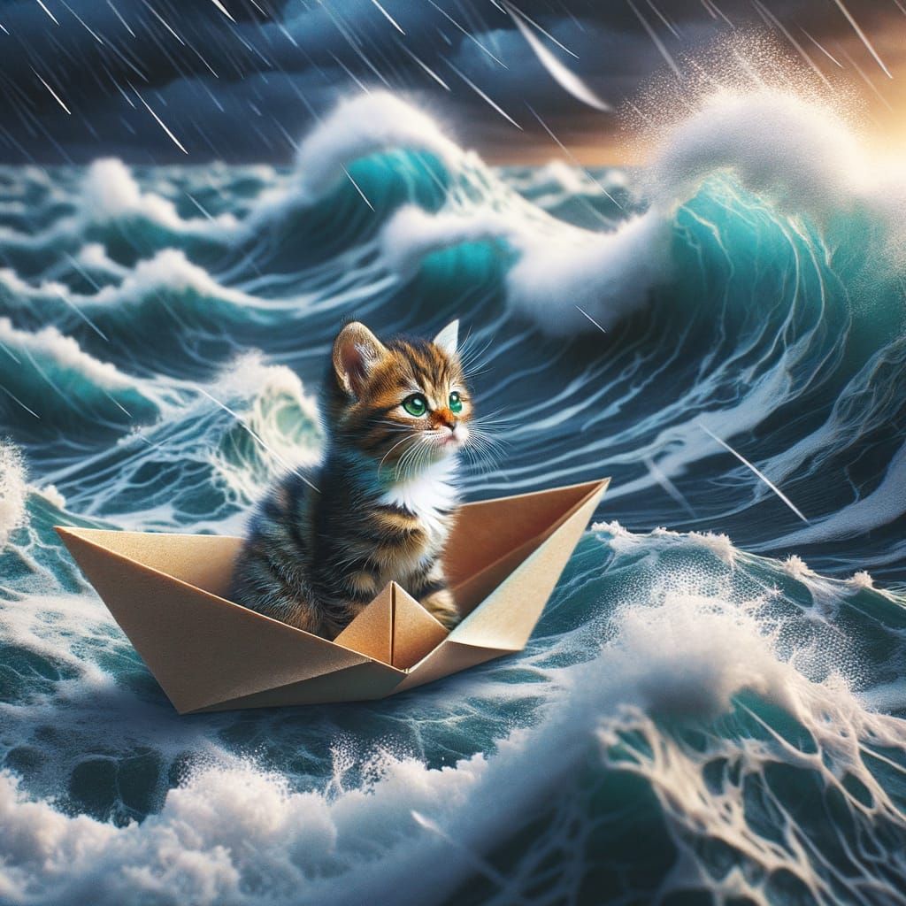 Brave Cat Navigates Wild Sea in Origami Boat