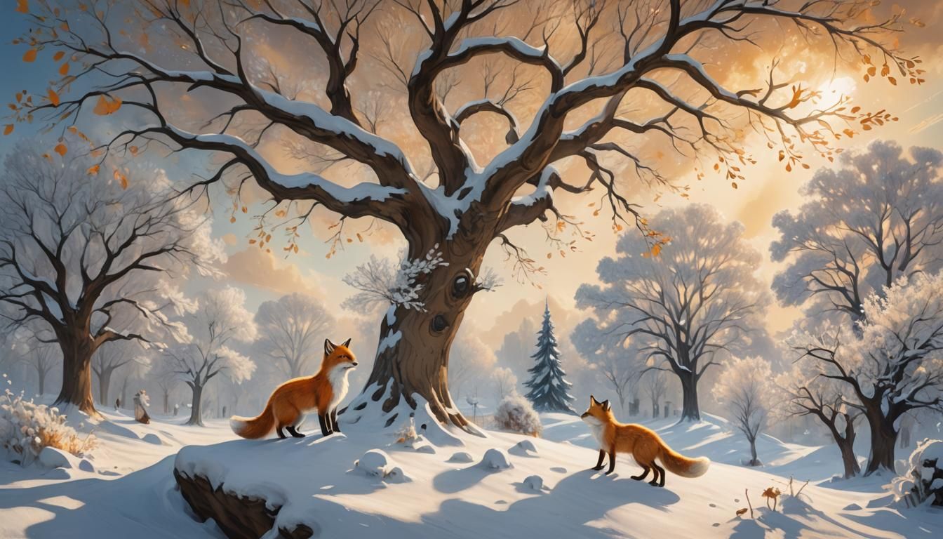 Whimsical Fox and Cat Play Under a Snowy Tree