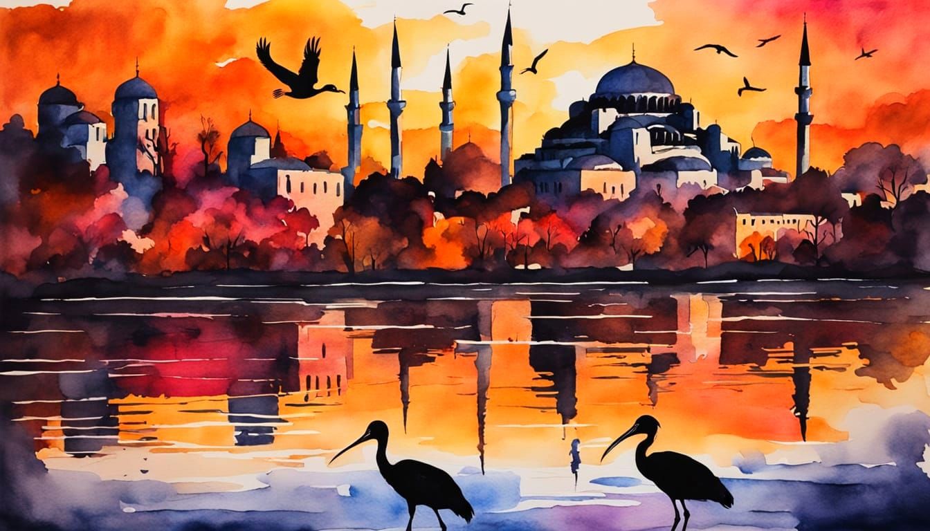 Ibis Silhouette in Istanbul Watercolor Painting