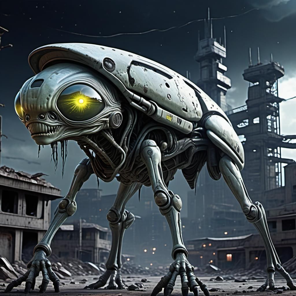 Anime Alien in Ruined Sci-Fi Landscape