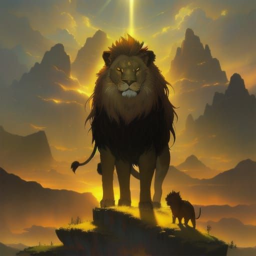 Lion on Floating Island in Fantasy Painting Style