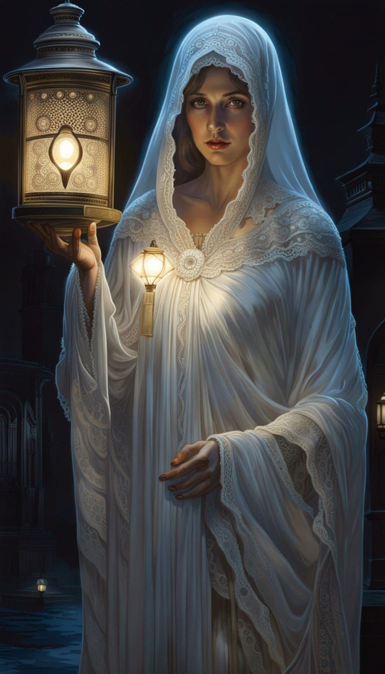 Ethereal Woman with Lantern in Volumetric Lighting