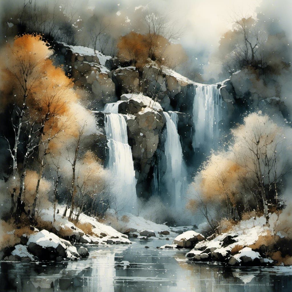 Icy Waterfall in Watercolor Style